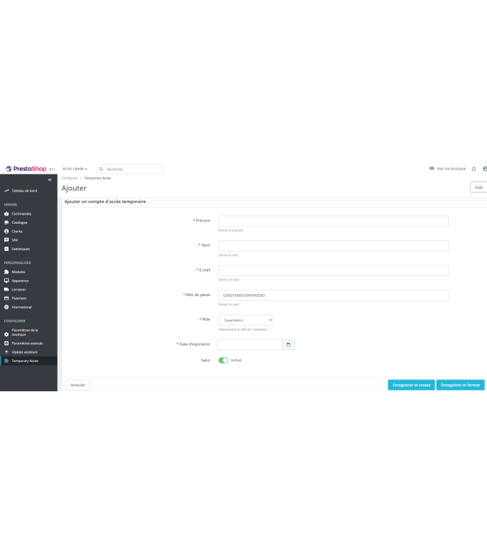 Temporary Acces pour Prestashop