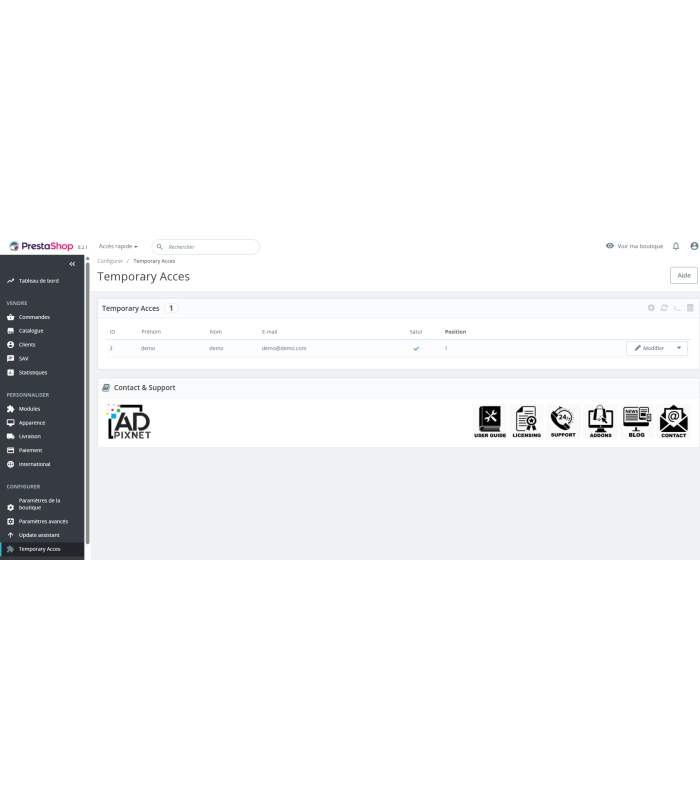 Temporary Acces pour Prestashop